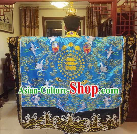 Chinese Traditional Taoism Costume Ancient Taoist Priest Cassocks Embroidered Crane Blue Vestment