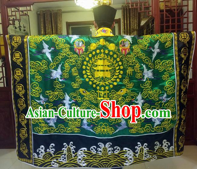 Chinese Traditional Taoism Costume Ancient Taoist Priest Cassocks Embroidered Crane Deep Green Vestment