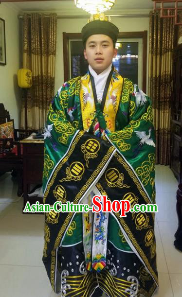 Chinese Traditional Taoism Costume Ancient Taoist Priest Cassocks Embroidered Crane Deep Green Vestment