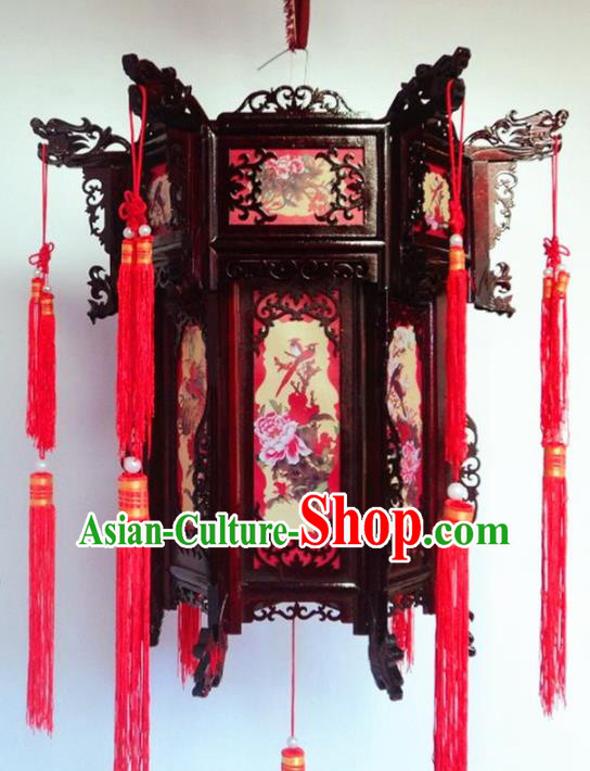 Chinese Traditional Handmade Printing Peony Birds Carving Rosewood Palace Lantern Asian New Year Lantern Ancient Lamp