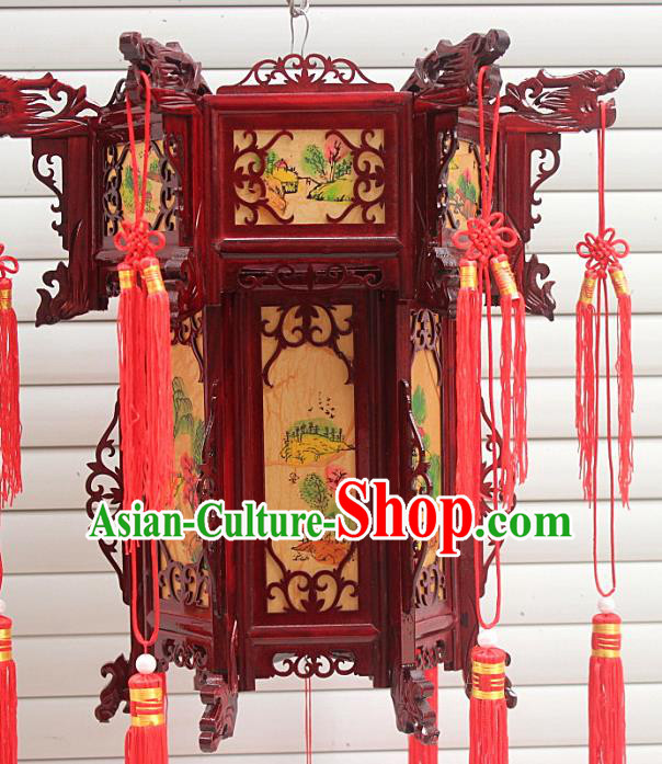 Chinese Traditional Handmade Landscape Painting Carving Rosewood Palace Lantern Asian New Year Lantern Ancient Lamp