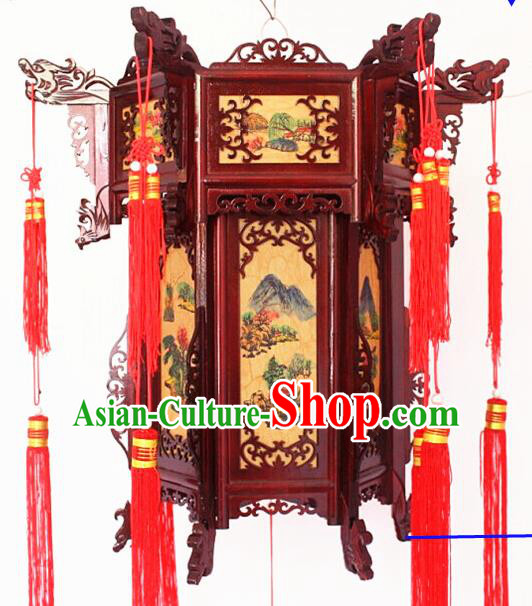 Chinese Traditional Handmade Carving Rosewood Landscape Painting Palace Lantern Asian New Year Lantern Ancient Lamp