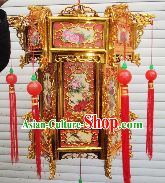 Chinese Traditional Handmade Plastic Printing Peony Red Palace Lantern Asian New Year Lantern Ancient Ceiling Lamp