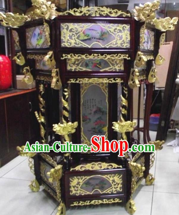 Chinese Traditional Handmade Carving Golden Dragons Wood Palace Lantern Asian New Year Lantern Ancient Ceiling Lamp