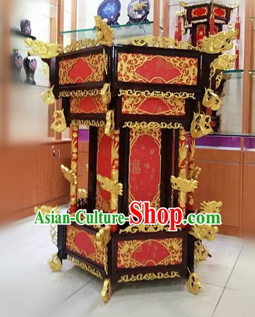 Chinese Traditional Handmade Carving Golden Dragons Wood Palace Lantern Asian New Year Red Lantern Ancient Ceiling Lamp