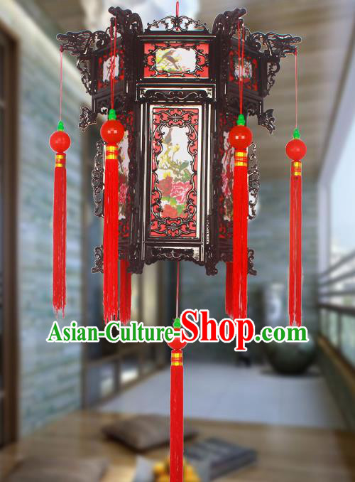 Chinese Traditional Handmade Red Tassel Printing Peony Plastic Palace Lantern Asian New Year Lantern Ancient Ceiling Lamp