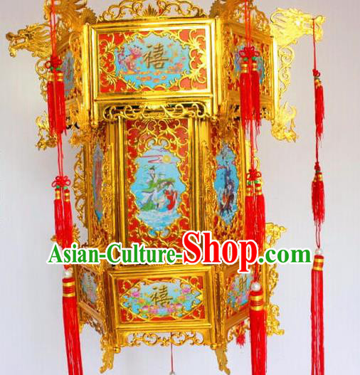 Chinese Traditional Handmade Carving Dragons Blue Palace Lantern Asian New Year Lantern Ancient Ceiling Lamp