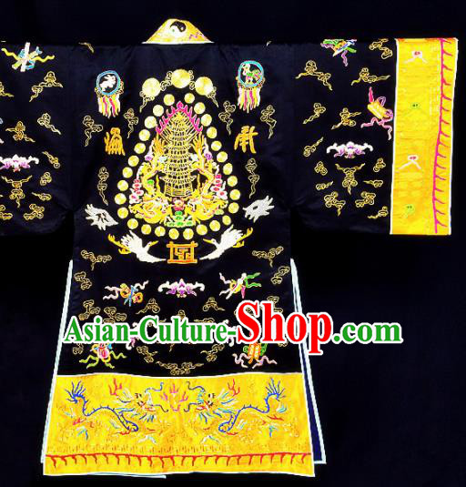 Chinese Ancient Taoist Priest Embroidered Cloud Crane Black Cassocks Traditional Taoism Vestment Costume