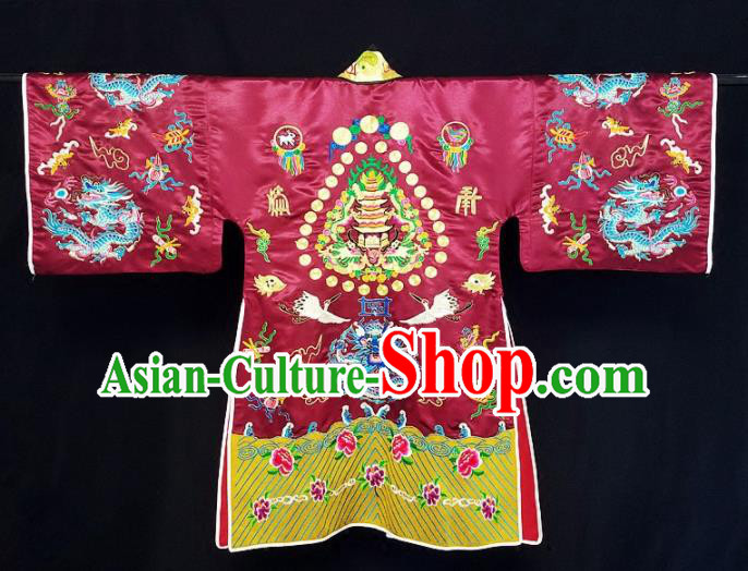 Chinese Ancient Taoist Priest Embroidered Dragon Crane Purplish Red Cassocks Traditional Taoism Vestment Costume