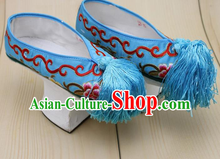 Chinese Ancient Court Princess Blue Shoes Traditional Qing Dynasty Imperial Consort Embroidered Shoes for Women