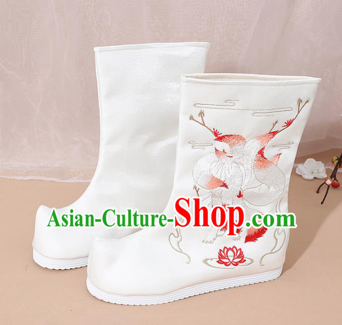 Chinese National White Boots Hanfu Shoes Traditional Princess Shoes Embroidered Shoes for Women