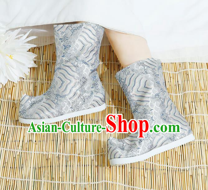 Chinese National Grey Boots Hanfu Shoes Traditional Princess Shoes Embroidered Crane Shoes for Women