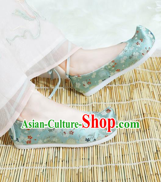 Chinese National Wedding Hanfu Shoes Traditional Princess Blue Satin Shoes Embroidered Shoes for Women