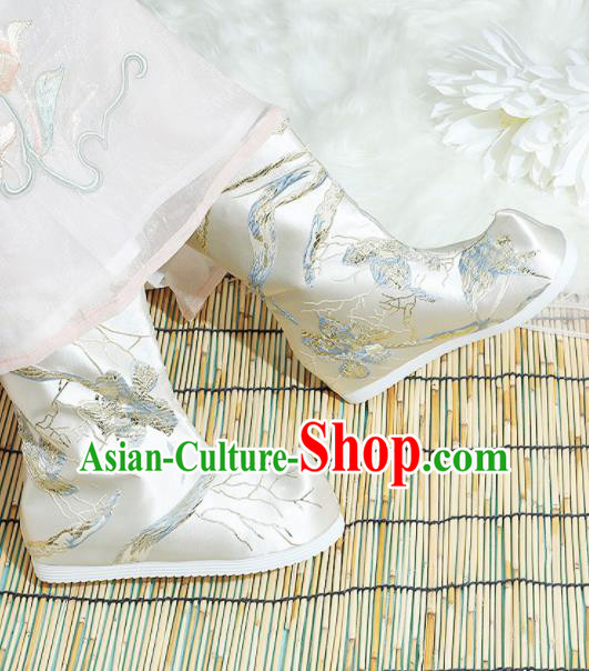 Chinese National White Satin Boots Hanfu Shoes Traditional Princess Shoes Embroidered Crane Shoes for Women