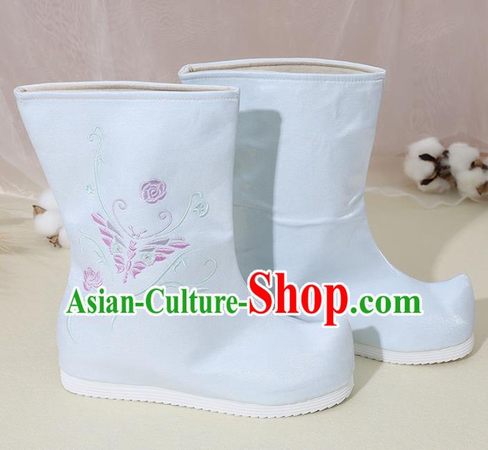 Chinese National Embroidered Butterfly Blue Boots Hanfu Shoes Traditional Princess Shoes Ancient Shoes for Women