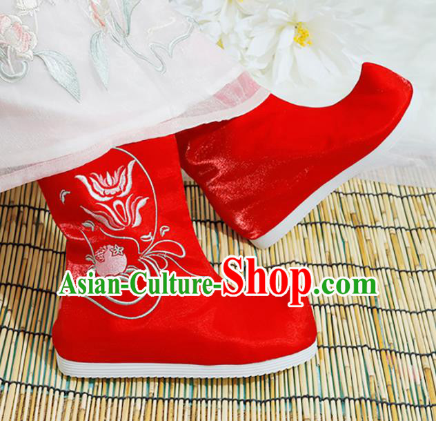 Chinese National Embroidered Flower Red Boots Hanfu Shoes Traditional Princess Shoes Ancient Shoes for Women