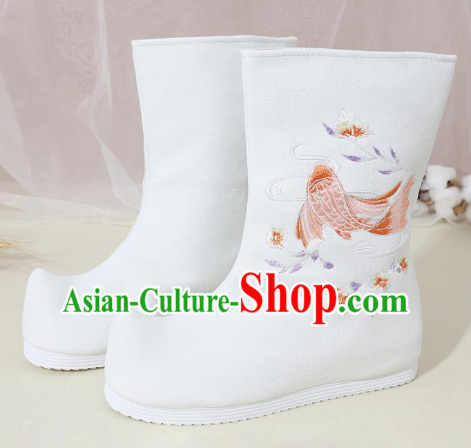 Chinese National Embroidered Carp White Boots Hanfu Shoes Traditional Princess Shoes Ancient Shoes for Women