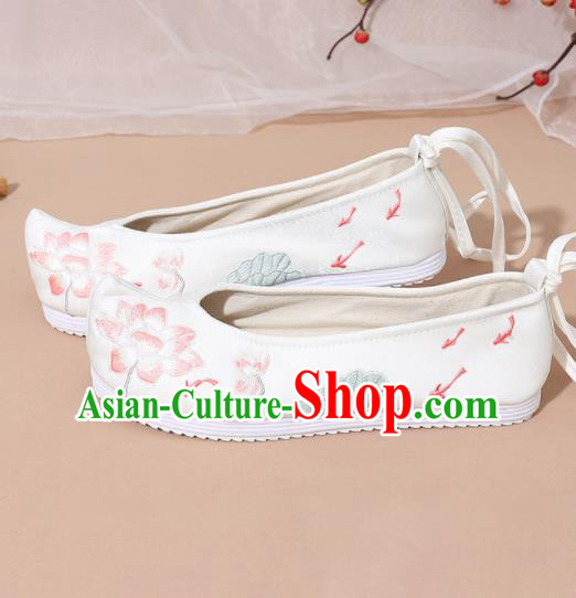 Chinese National White Embroidered Lotus Shoes Ancient Traditional Princess Shoes Hanfu Shoes for Women