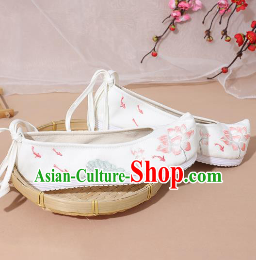 Chinese National White Embroidered Lotus Shoes Ancient Traditional Princess Shoes Hanfu Shoes for Women