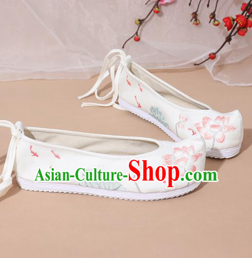 Chinese National White Embroidered Lotus Shoes Ancient Traditional Princess Shoes Hanfu Shoes for Women