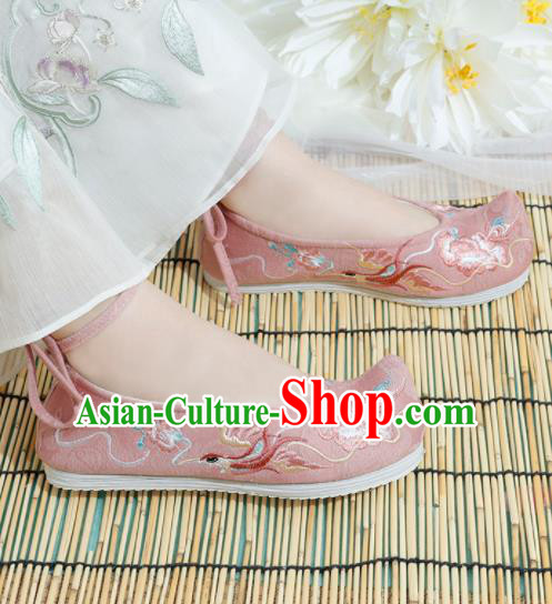 Chinese National Embroidered Phoenix Peony Pink Shoes Ancient Traditional Princess Shoes Hanfu Shoes for Women