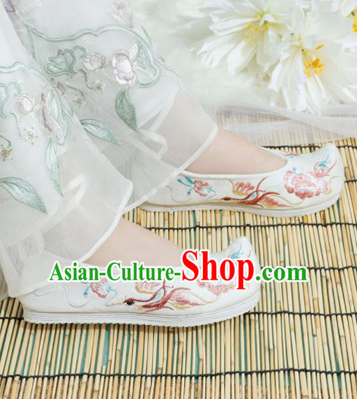 Chinese National Embroidered Phoenix Peony White Shoes Ancient Traditional Princess Shoes Hanfu Shoes for Women