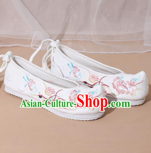 Chinese National Embroidered Phoenix Peony White Shoes Ancient Traditional Princess Shoes Hanfu Shoes for Women