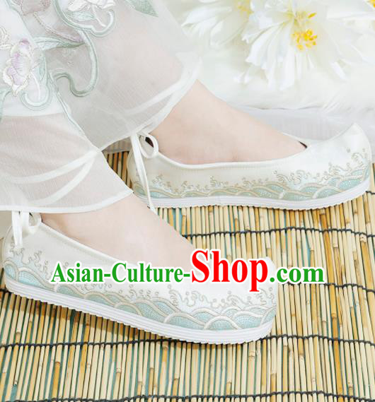 Chinese National Embroidered Waves White Shoes Ancient Traditional Princess Shoes Hanfu Shoes for Women