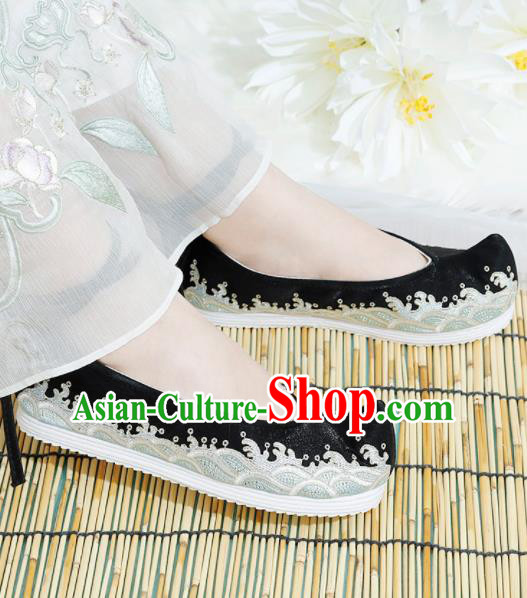 Chinese National Embroidered Waves Black Shoes Ancient Traditional Princess Shoes Hanfu Shoes for Women