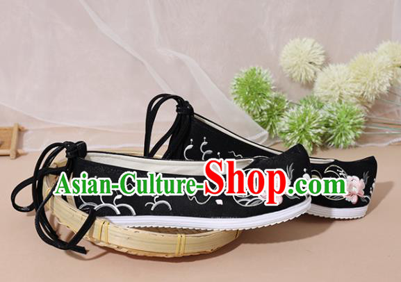 Chinese National Embroidered Peony Black Shoes Ancient Traditional Princess Shoes Hanfu Shoes for Women