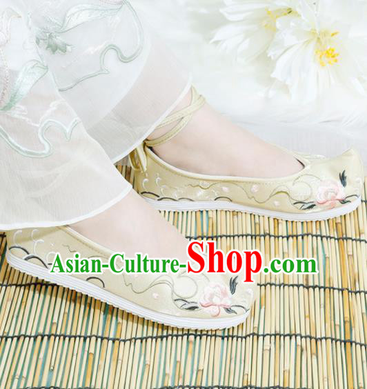 Chinese National Embroidered Peony Yellow Shoes Ancient Traditional Princess Shoes Hanfu Shoes for Women