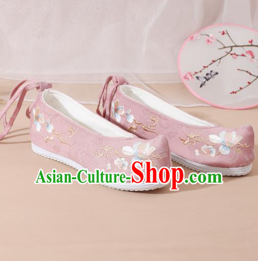 Chinese National Embroidered Magnolia Pink Shoes Ancient Traditional Princess Shoes Hanfu Shoes for Women