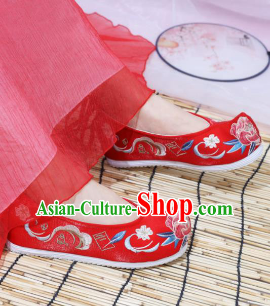 Chinese National Embroidered Peony Red Shoes Ancient Traditional Princess Shoes Wedding Hanfu Shoes for Women