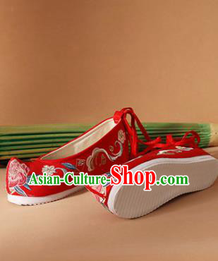 Chinese National Embroidered Peony Red Shoes Ancient Traditional Princess Shoes Wedding Hanfu Shoes for Women