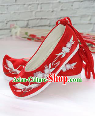 Chinese National Embroidered Crane Flower Red Shoes Ancient Traditional Princess Shoes Wedding Hanfu Shoes for Women