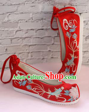 Chinese National Embroidered Fish Flower Red Shoes Ancient Traditional Princess Shoes Wedding Hanfu Shoes for Women