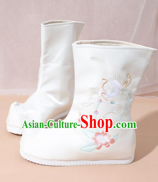 Chinese National White Boots Hanfu Shoes Traditional Princess Shoes Embroidered Crane Shoes for Women