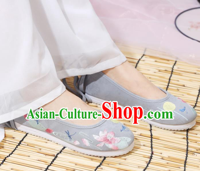 Traditional Chinese National Embroidered Lotus Grey Shoes Ancient Princess Shoes Handmade Hanfu Shoes for Women