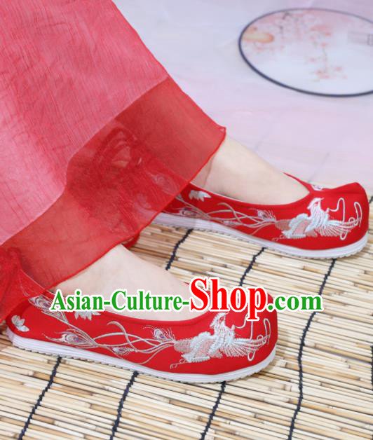 Traditional Chinese National Embroidered Phoenix Red Shoes Ancient Princess Shoes Handmade Hanfu Shoes for Women