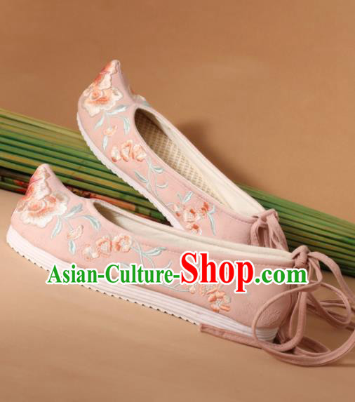 Traditional Chinese National Embroidered Peony Pink Shoes Ancient Princess Shoes Handmade Hanfu Shoes for Women