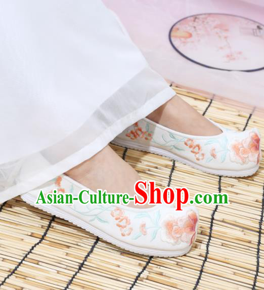 Traditional Chinese National Embroidered Peony White Shoes Ancient Princess Shoes Handmade Hanfu Shoes for Women