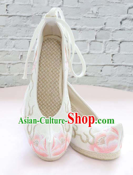 Traditional Chinese National Embroidered Peony High Heels White Shoes Ancient Princess Shoes Handmade Hanfu Shoes for Women