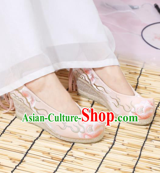 Traditional Chinese National Embroidered Peony High Heels Pink Shoes Ancient Princess Shoes Handmade Hanfu Shoes for Women