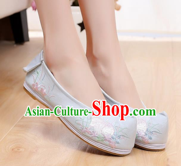 Traditional Chinese National Embroidered Orchid Blue Shoes Ancient Princess Cloth Shoes Handmade Hanfu Shoes for Women