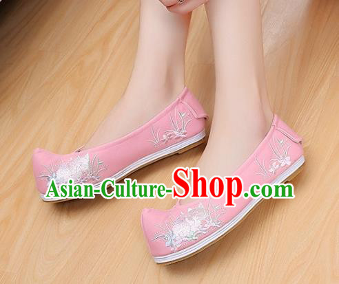 Traditional Chinese National Embroidered Orchid Pink Shoes Ancient Princess Cloth Shoes Handmade Hanfu Shoes for Women