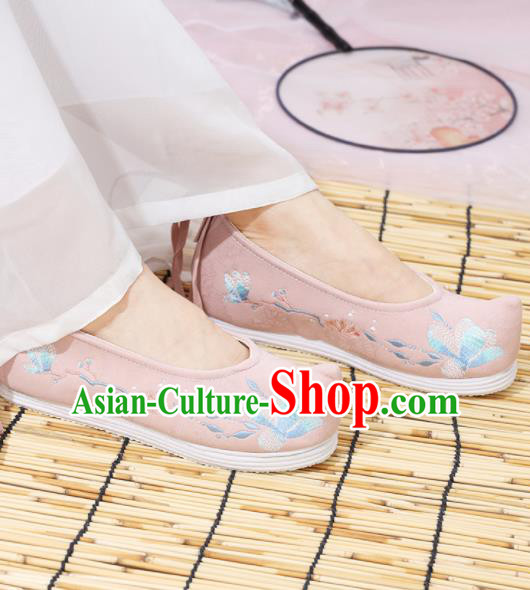 Traditional Chinese National Embroidered Magnolia Pink Shoes Ancient Princess Shoes Handmade Hanfu Shoes for Women