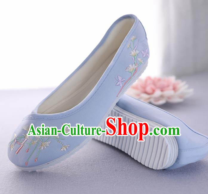 Traditional Chinese Ancient Princess Blue Embroidered Shoes Cloth Shoes Handmade Hanfu Shoes for Women