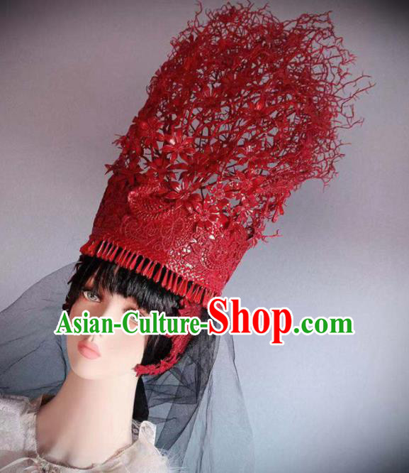 Traditional Chinese Deluxe Red Hat Hair Accessories Halloween Stage Show Headdress for Women