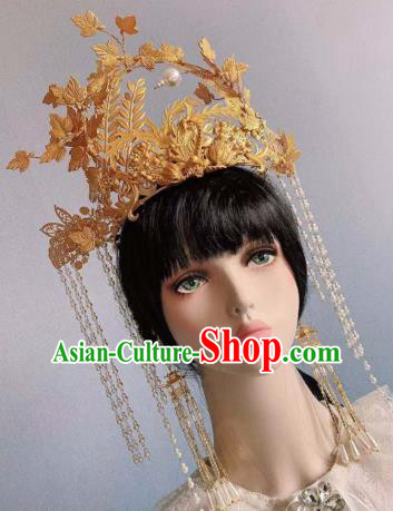 Traditional Chinese Deluxe Golden Leaf Phoenix Coronet Hair Accessories Halloween Stage Show Headdress for Women