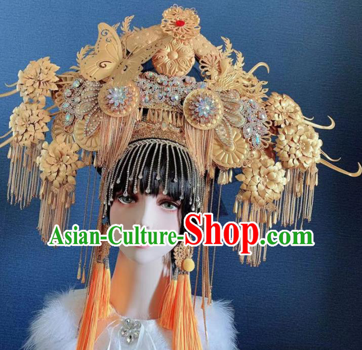 Traditional Chinese Deluxe Golden Butterfly Tassel Phoenix Coronet Hair Accessories Halloween Stage Show Headdress for Women